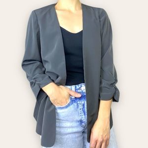 The Limited Open Front Dark Gray Blazer with Ruched 3/4 Sleeve Size M